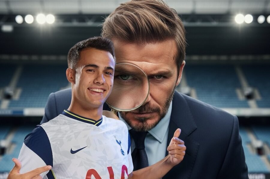 Imagen compuesta del Inter Miami y Beckham observando a Reguilon, posible fichaje.