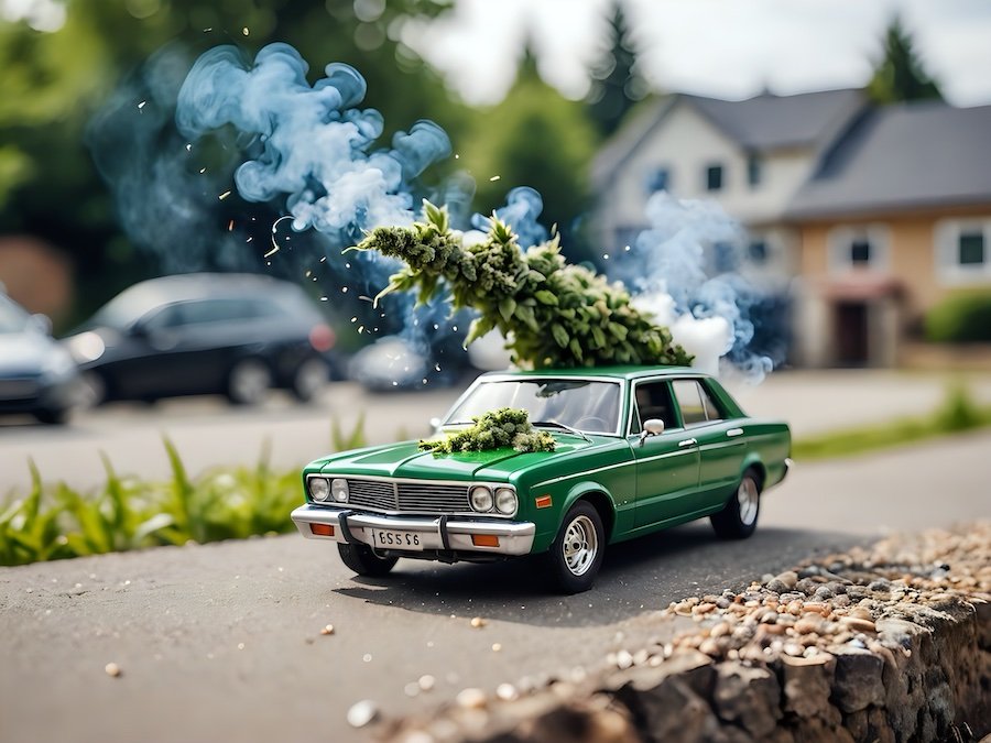 Carro verde clásico con grandes ramas de cannabis en el capó y techo, despidiendo humo mientras circula por un vecindario suburbano en Florida.